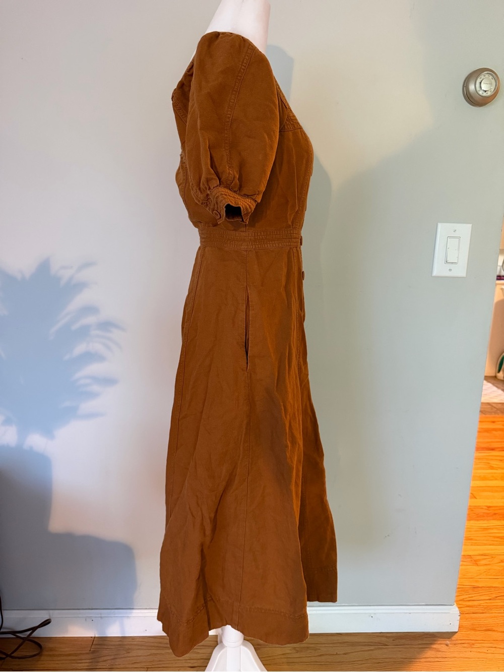 Madewell Seamed Puff-Sleeve Midi Dress Warm Coffee Size 0 Linen Blend - Picture 9 of 15